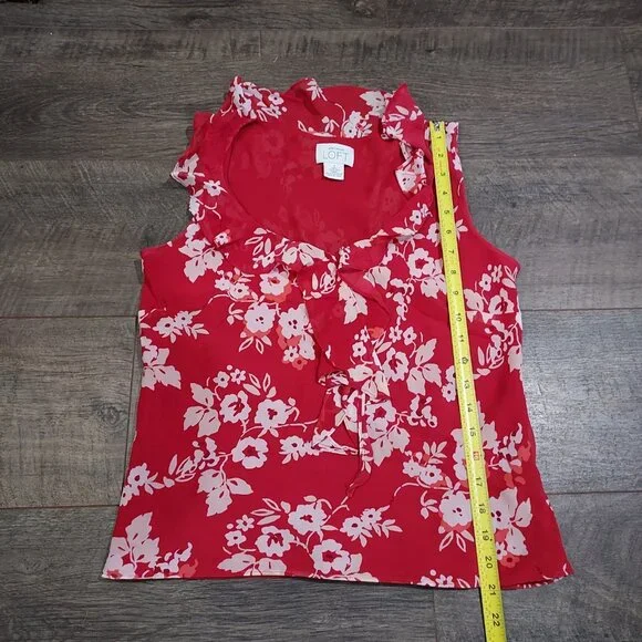 Ann Taylor Loft Silk Ruffle Sleeveless Blouse Red White Pink Beach Summercore - Picture 5 of 11